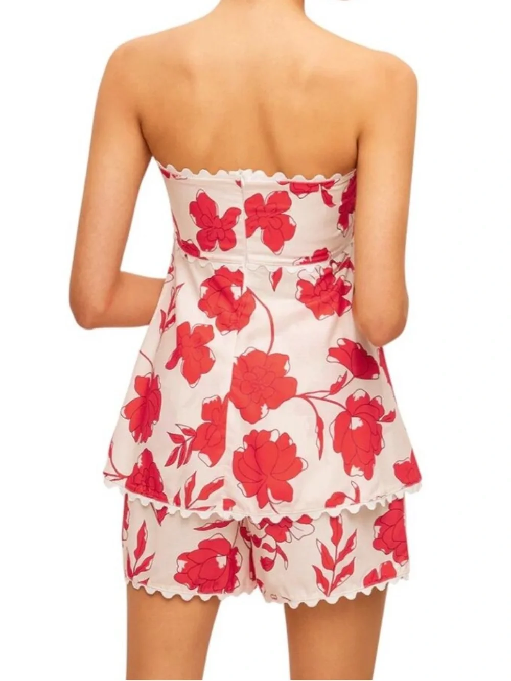 NWT Strapless Floral Romper in White with Red Flowers